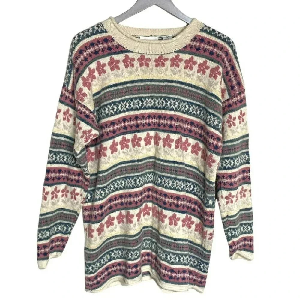 Paul Harris Design Sweater‎ Medium Multicolor Floral Fair Isle Vintage Knit Crew